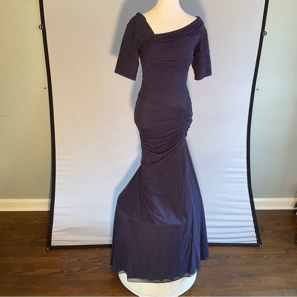 Tadashi Shoji Midnight Navy Sculpted Gown XS Ruched Mermaid Formal Dress - Picture 4 of 16